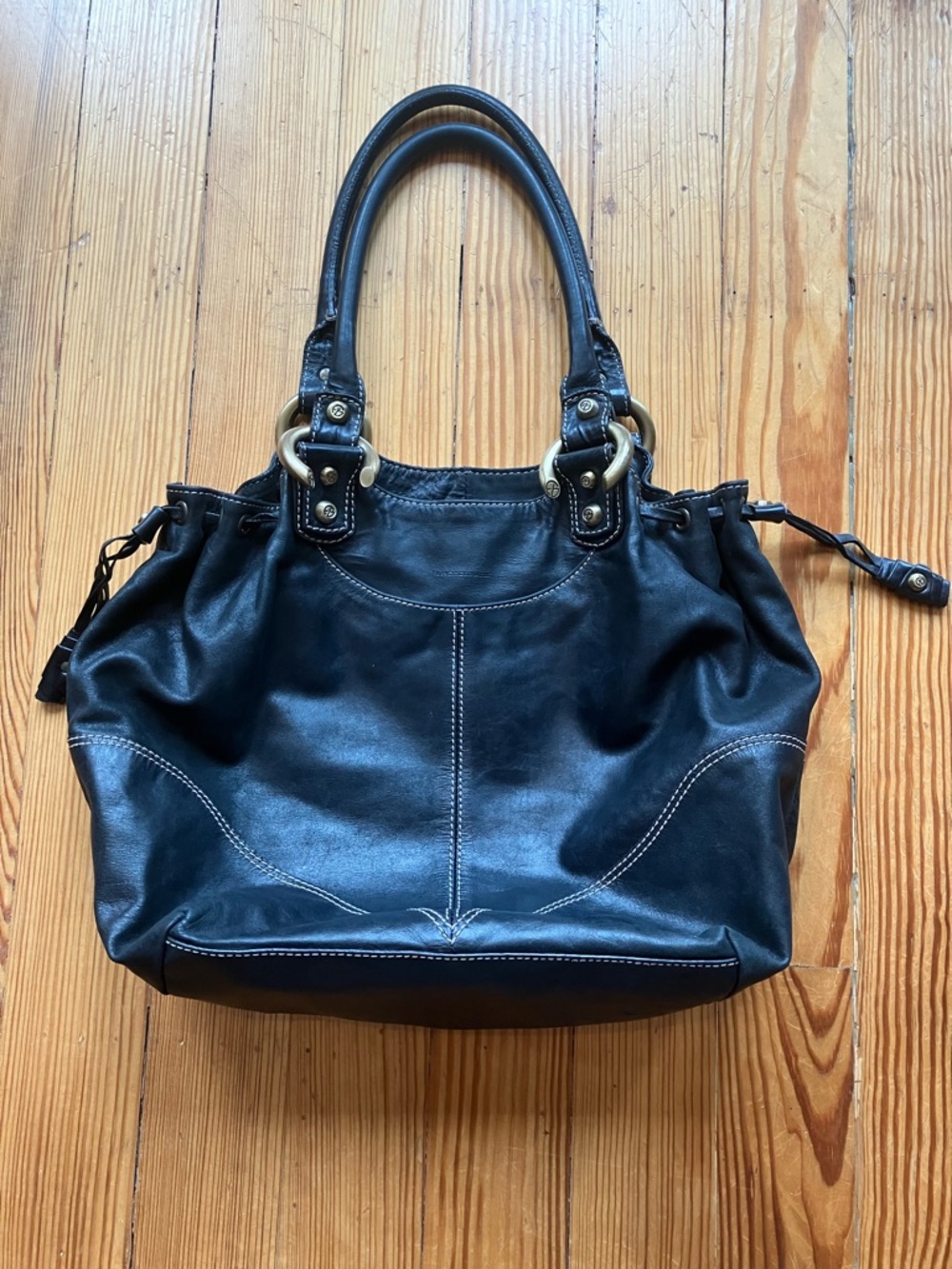 FRANCESCO BIASIA Black Leather Tote with Gold Rings